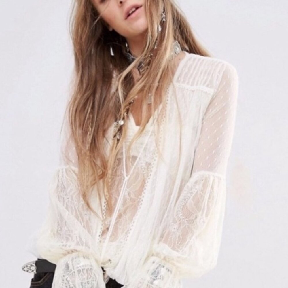 Free People Far Away Lace Blouse Medium Cream Sheer Boho Romantic Top - Picture 3 of 16
